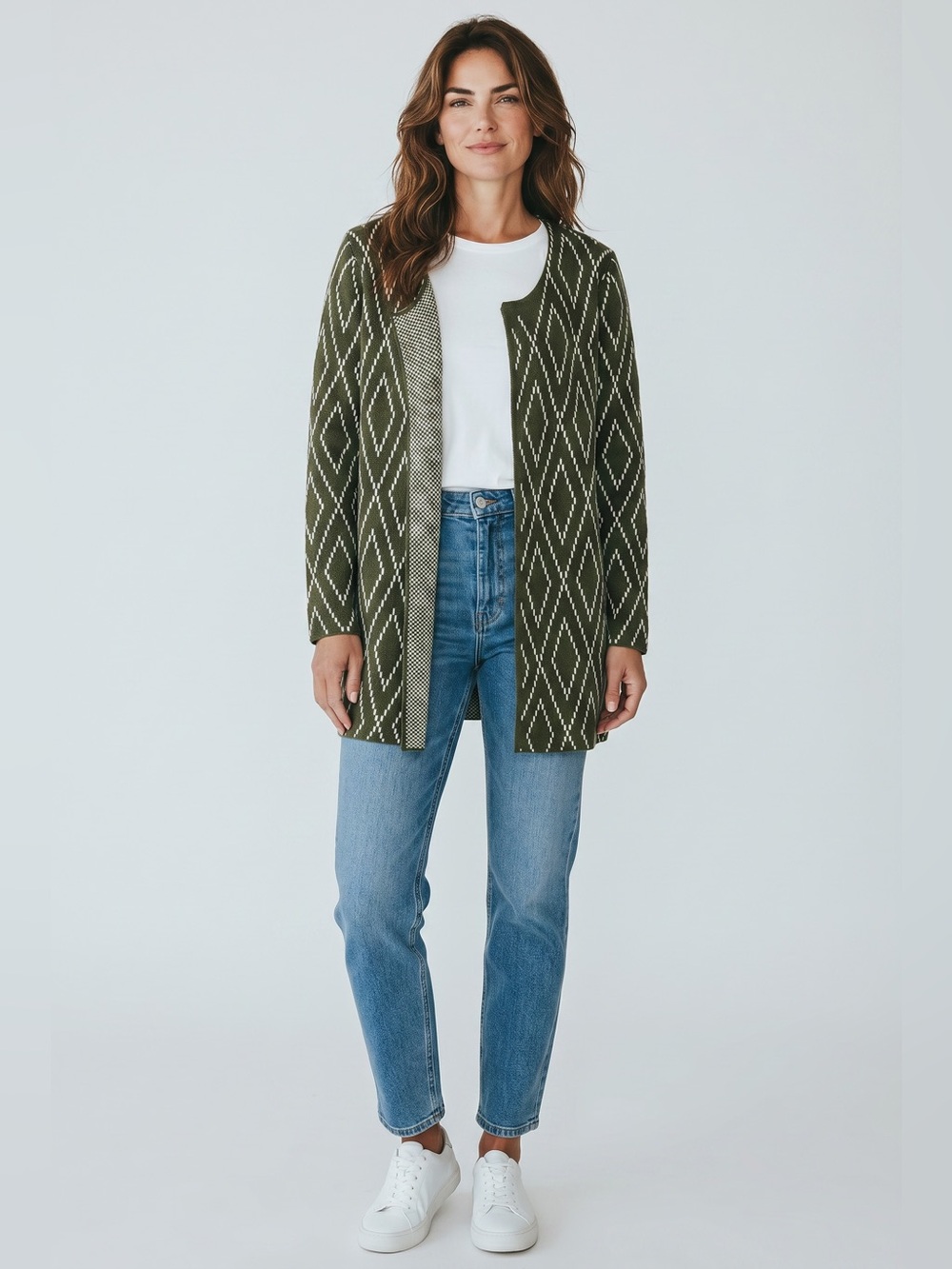 Escio Long Sleeve Open Front Cardigan // Green Diamond // Small